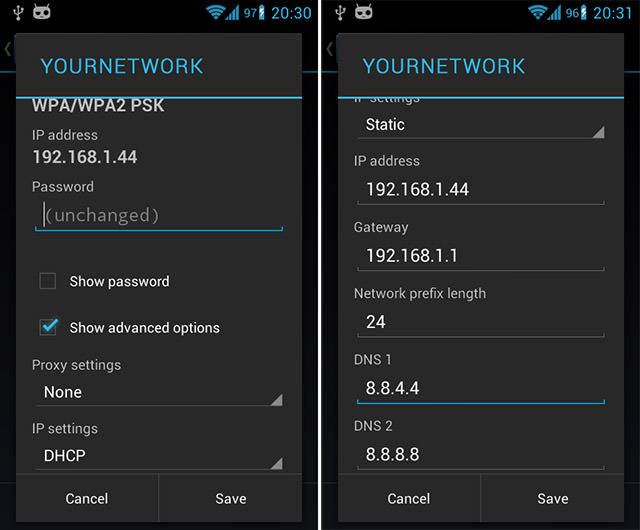 how to fill in the dns address on android