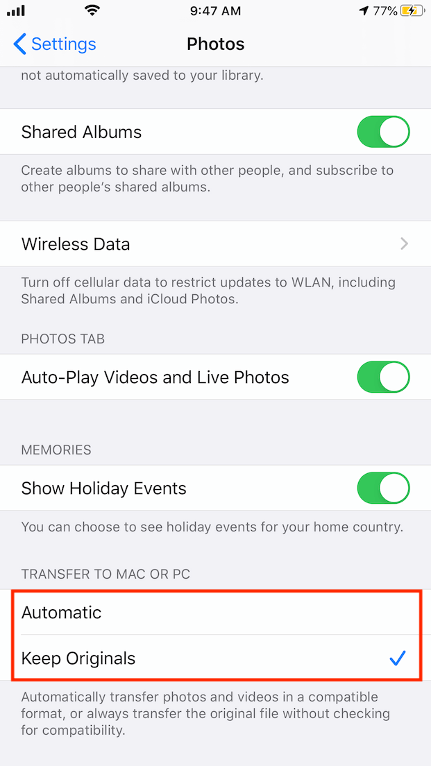 set to automatically transfer photos to mac or pc on iphone