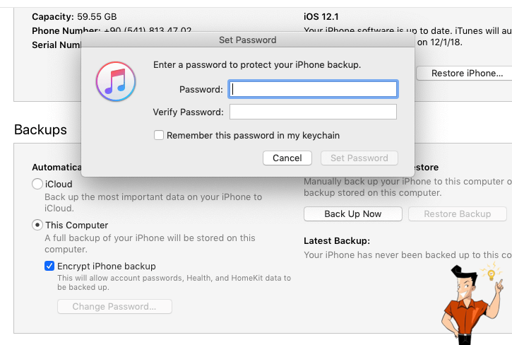 itunes default backup password never set