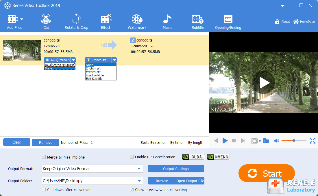 select audio track and subtitles to edit ts files in renee video editor pro