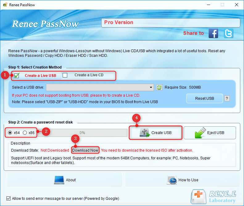 utilizzare renee passnow per creare un usb per reimpostare la passnword