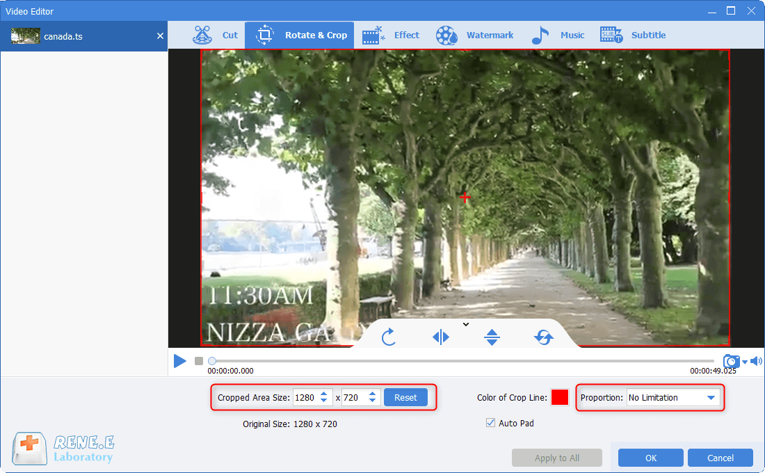 rotate and crop ts files in renee video editor pro