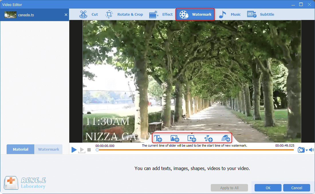 add watermark to ts files in renee video editor pro