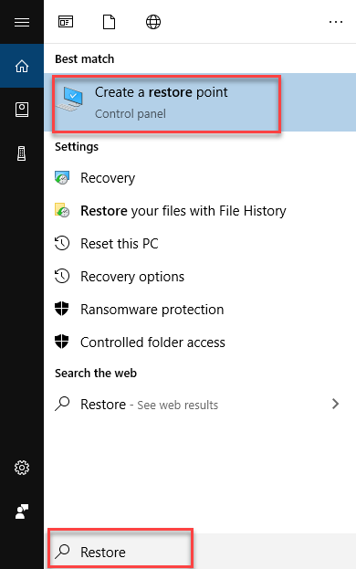 search to create a restore point in windows