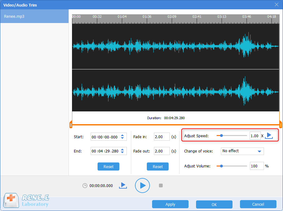 adjust speed of the audio file within renee audio tools