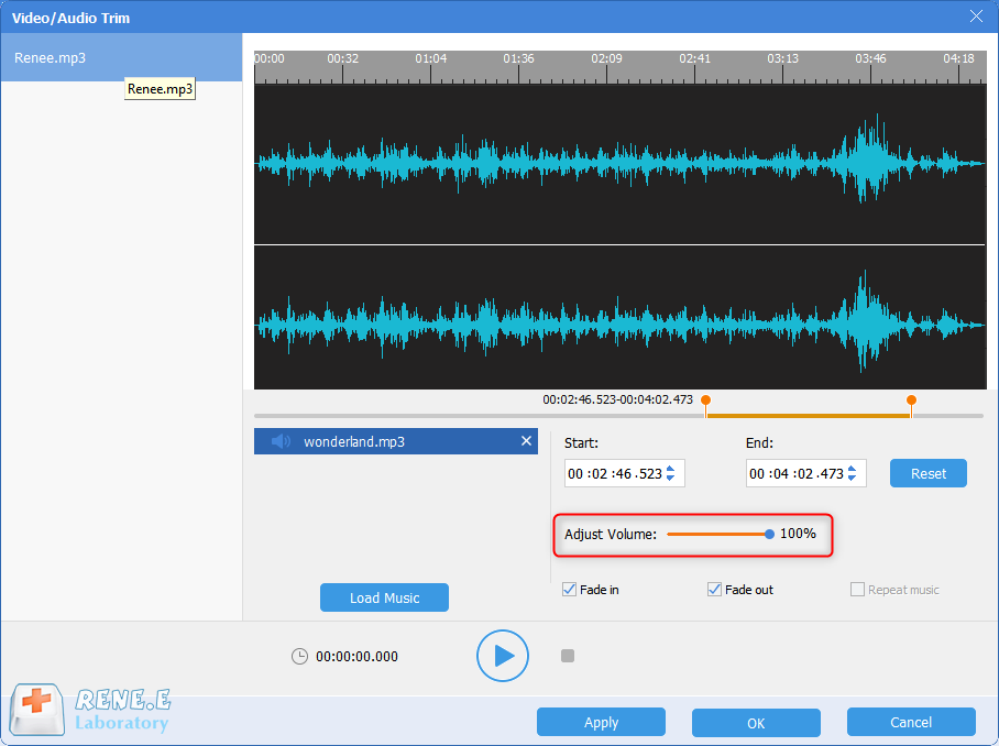 adjust volume of the audio file with renee audio tools