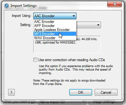 select mp3 encoder in itunes import settings