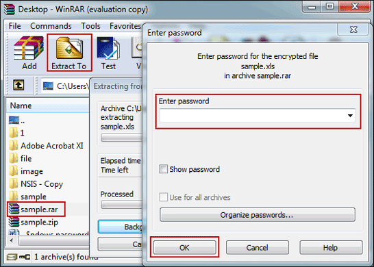 enter the correct password to decrypt the winrar file