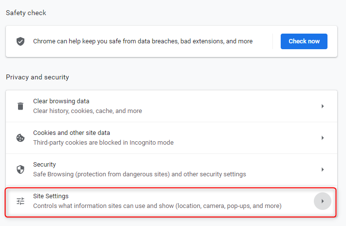 get into site settings in chrome