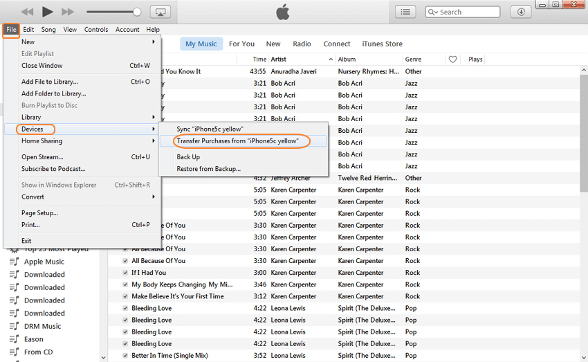 how to transfer purchases from iphone in itunes