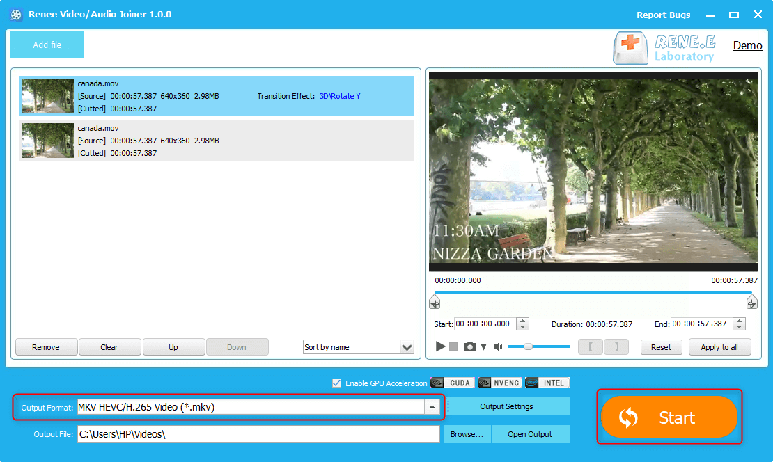 select the format to output the combined video