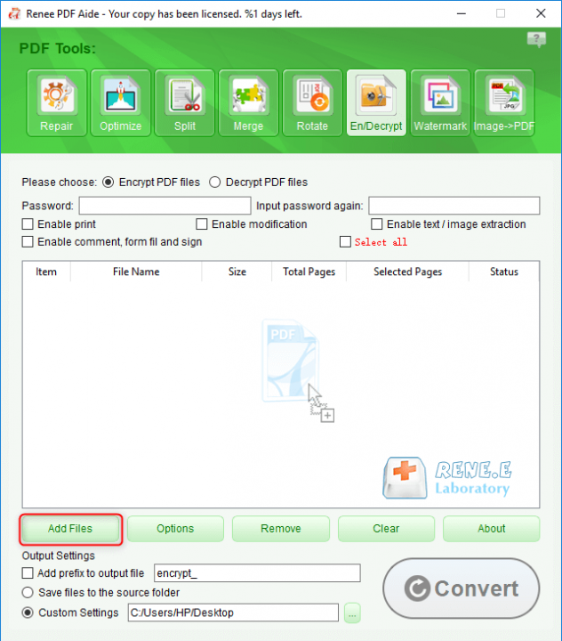 add files to encrypt in renee pdf aide