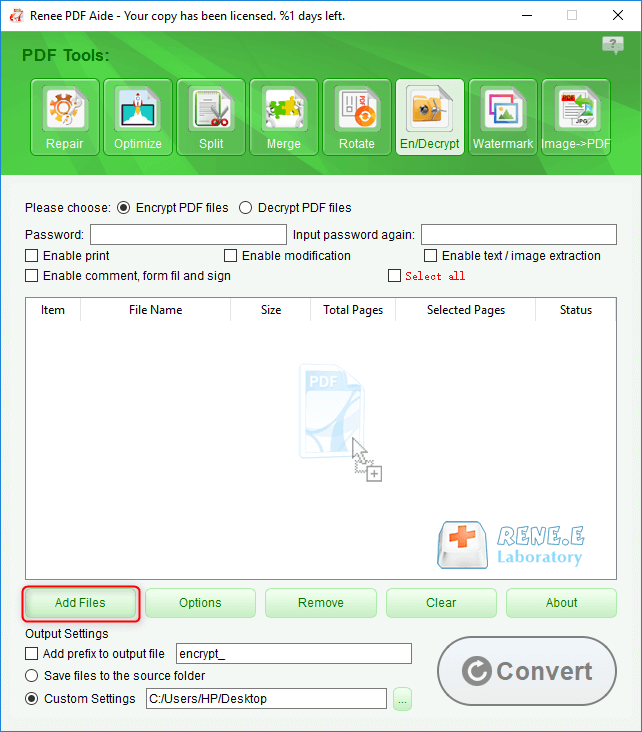 add files to encrypt in renee pdf aide