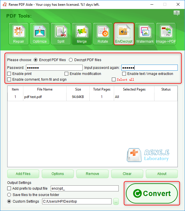 encrypt pdf to lock with renee pdf aide