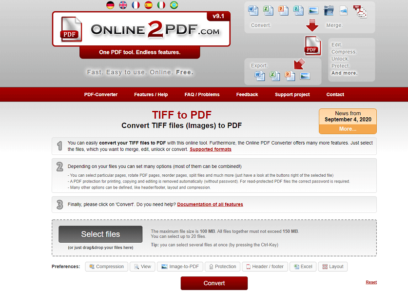 convert tiff to pdf on online2pdf