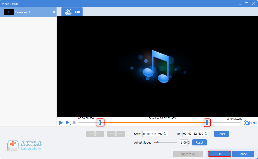convert mpeg to mp3 and then cut with renee video editor pro