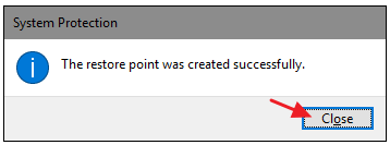 close the restore point create