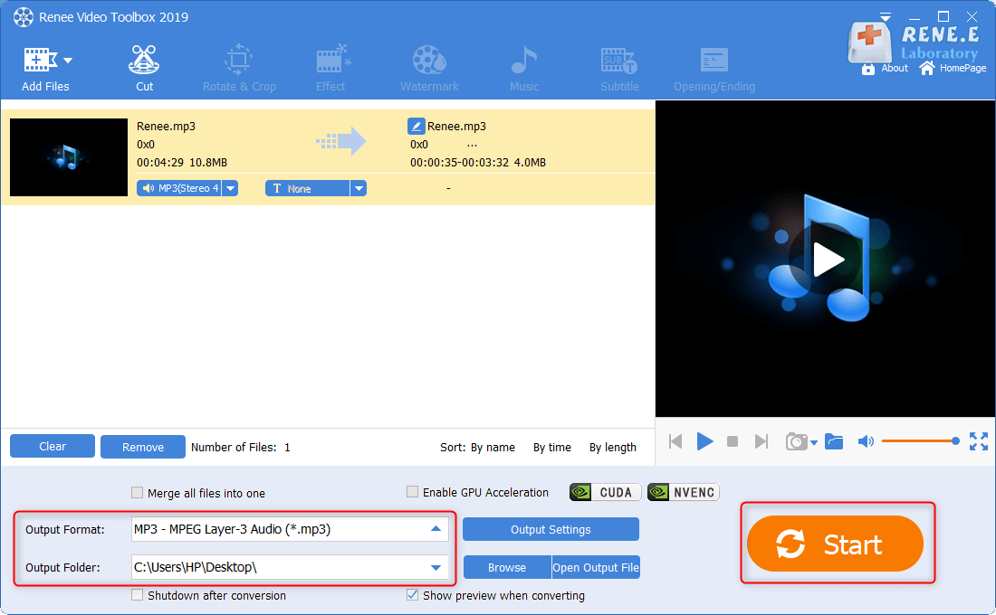 output and save mp3 with renee video editor pro