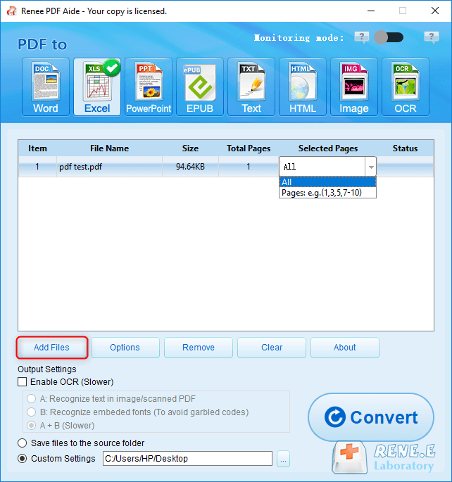 add excel files into renee pdf aide