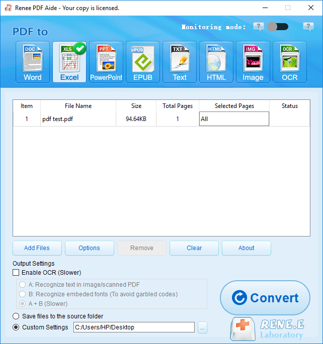 convert pdf to xls with renee pdf aide