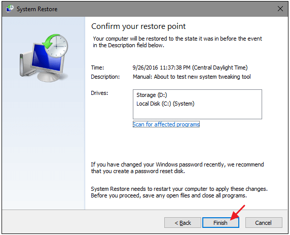 confirm the restore point