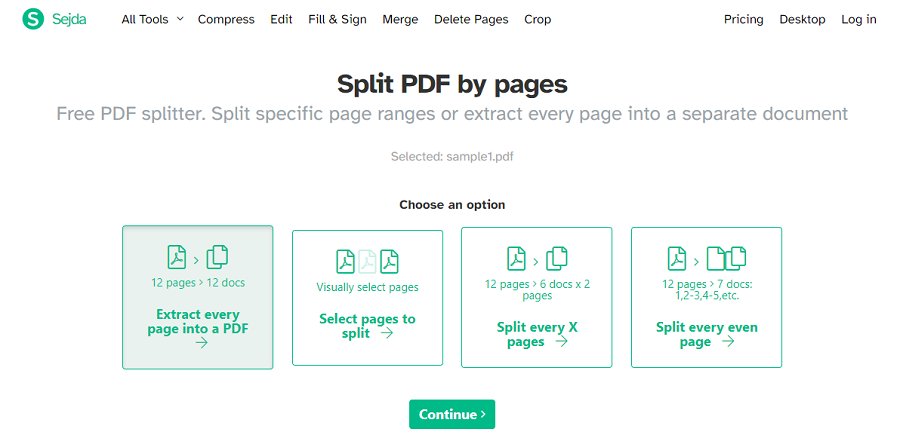 how to split pdf pages on sejda