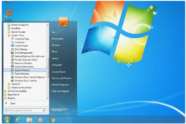 search system restore to restore windows 7