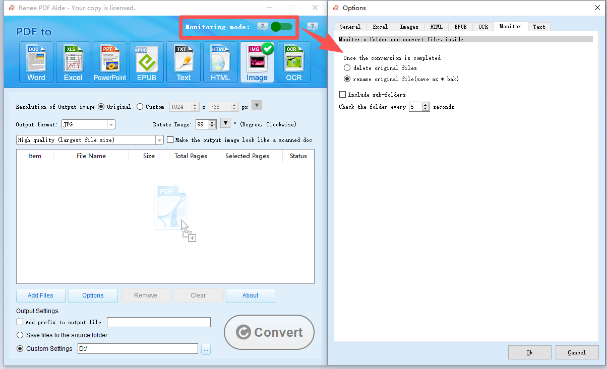 Renee PDF monitoring mode to convert PDF file automatically