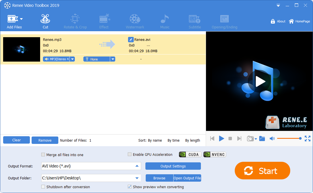 convert mp3 to avi with renee video editor pro