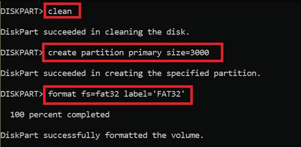 create partition primary and active fat32 partition