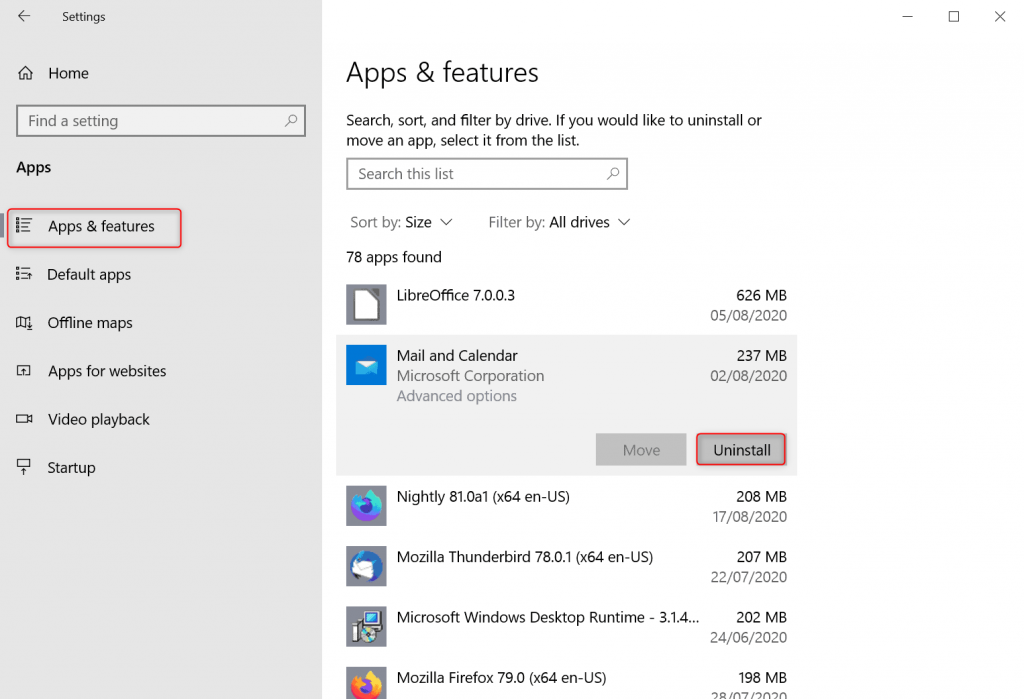 uninstall apps in Windows 10