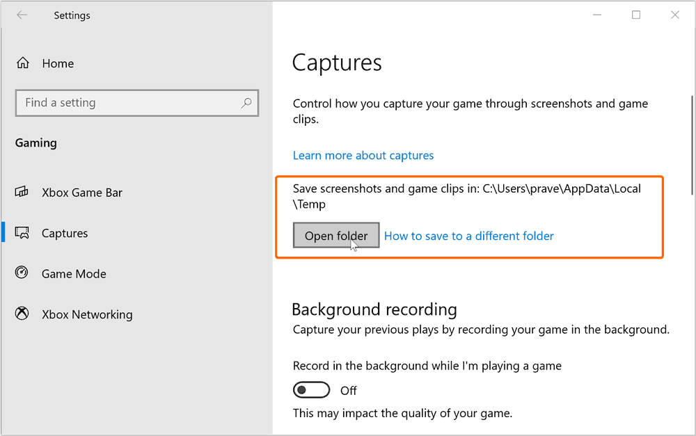 Captures Folder location Windows 10
