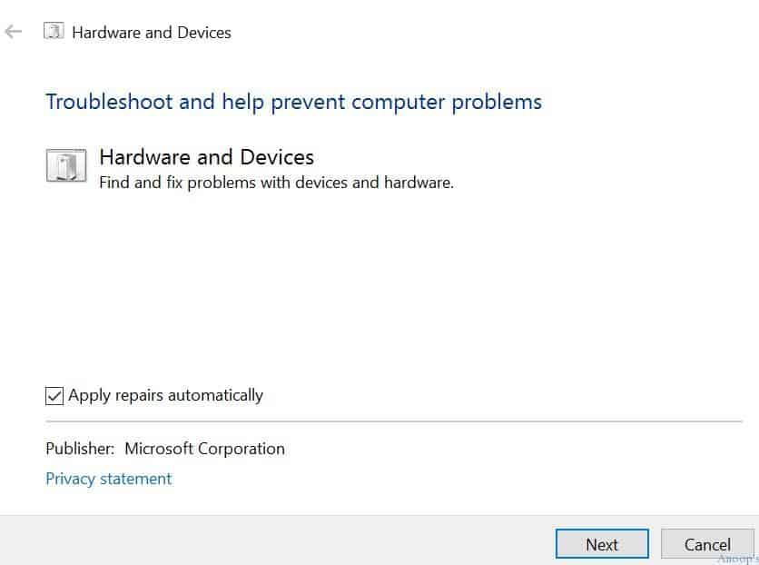 Hardware and Devices troubleshooter