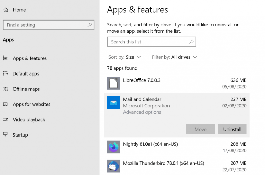 apps and features windows 10
