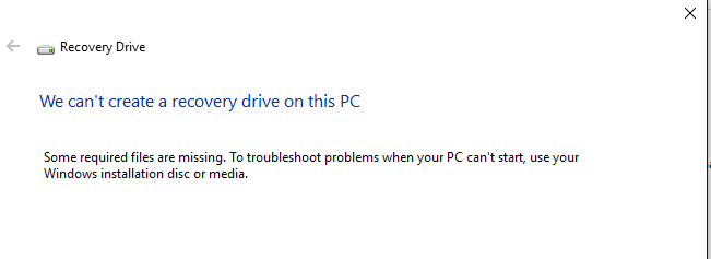 Unable to create recovery drive