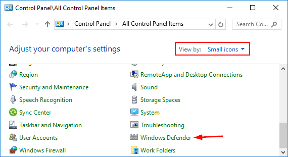 control panel Windows Defender