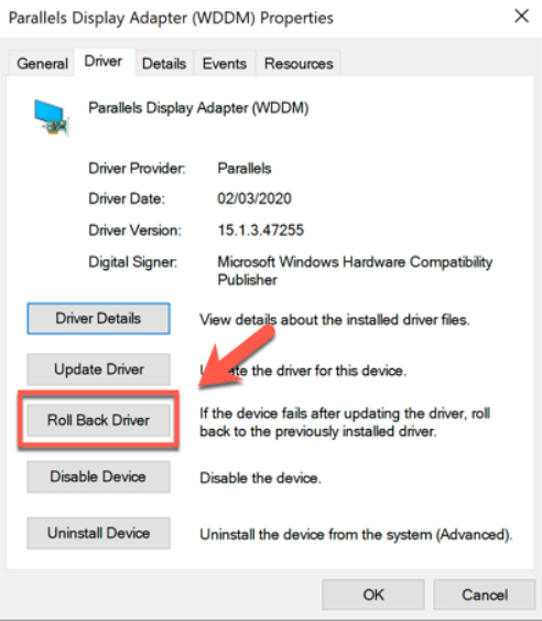 display adapter properties roll back driver