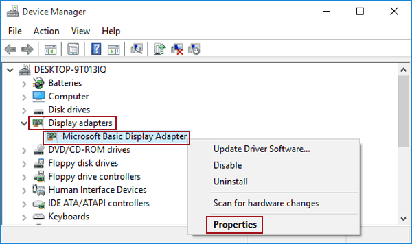 display adapter properties windows 10