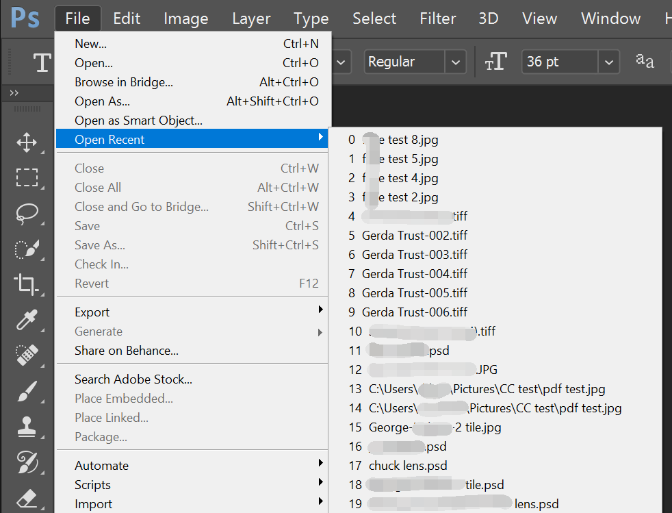 photoshop Recently opened files