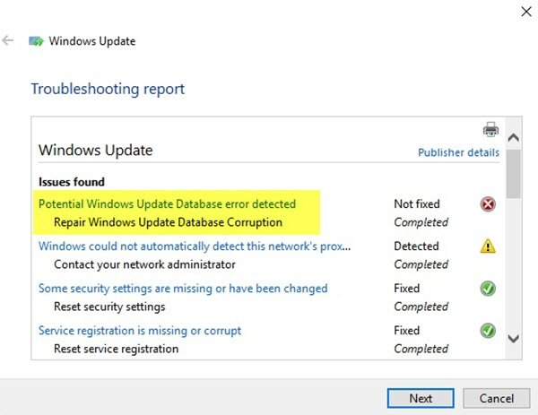 Possible Windows update database error message detected