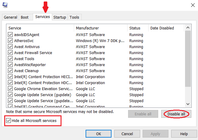 hide all microsoft services and disable all