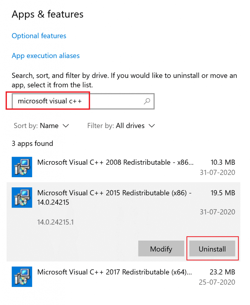uninstallN Microsoft Visual C++ Redistributable