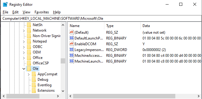 Ole folder in registry editor