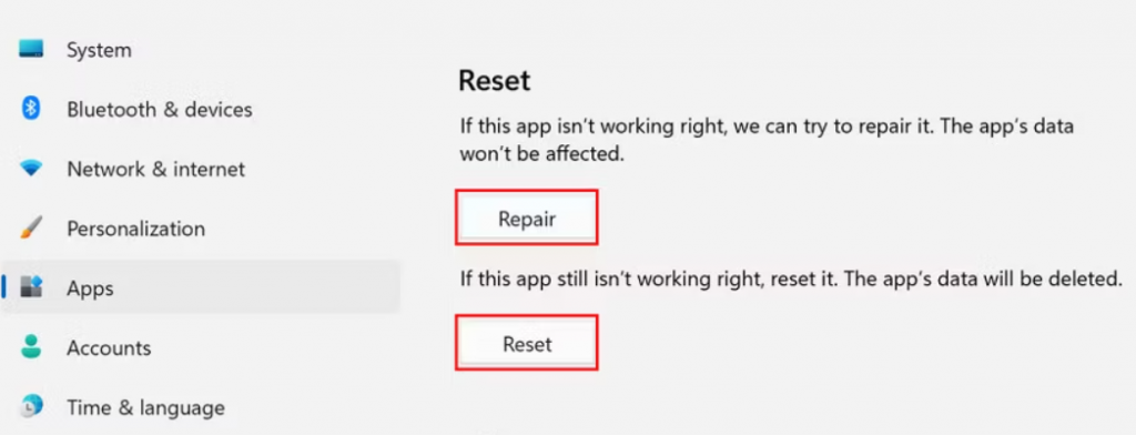 repair or reset app