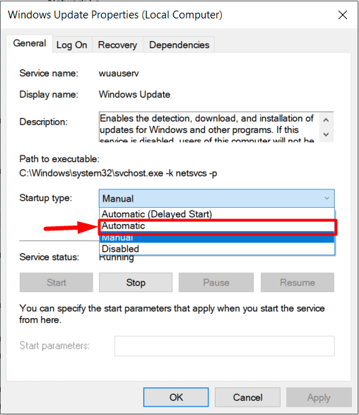 startup type of Windows update