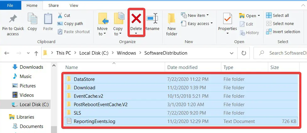 delete the files of software distribution