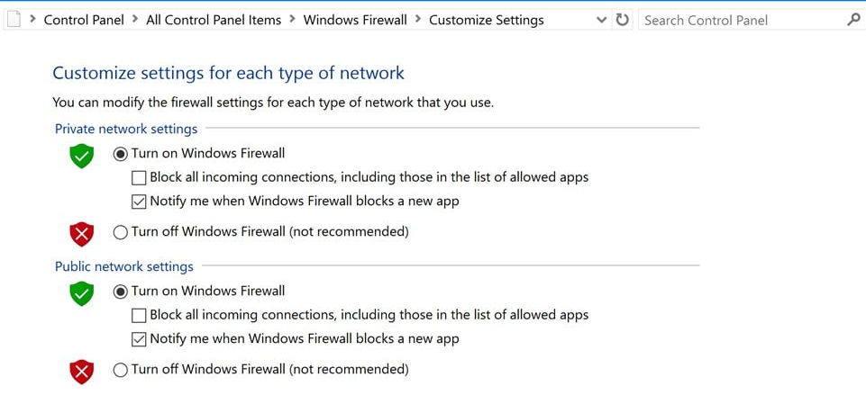 settings of Windows Defender