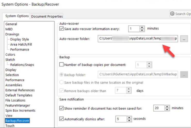 Visualize o caminho da pasta de recuperação automática do SolidWorks