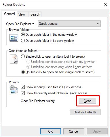 Clear files in file explorer