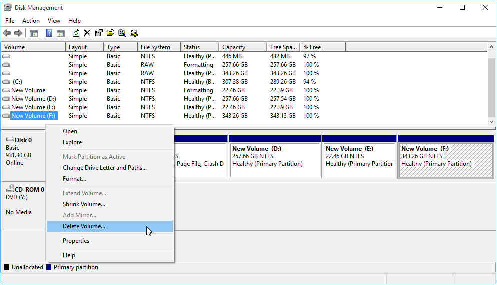 disk manager, delete volume